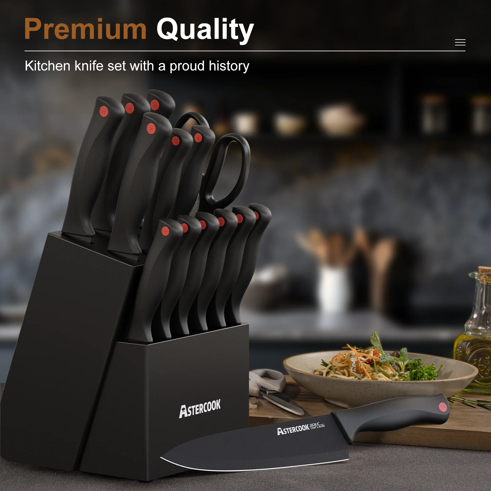 Astercook Kitchen Knife Set, 14 Pcs Knives Block Set with Built-in Sharpener